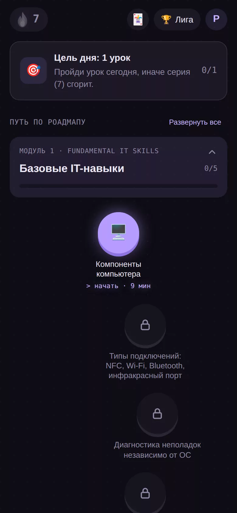 Главный экран: цель дня и путь по роадмапу